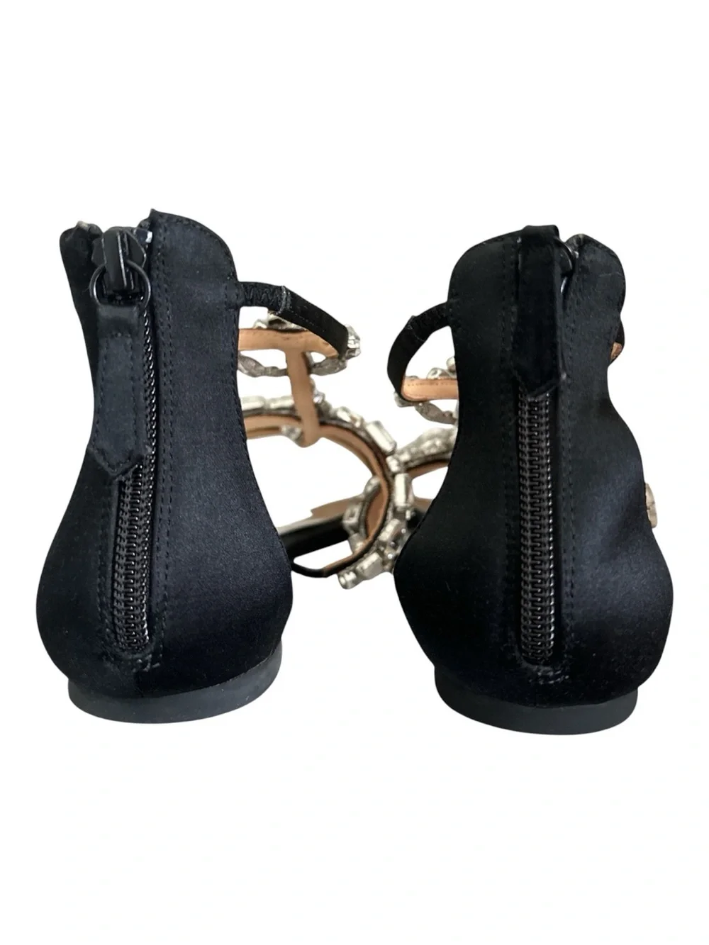 Badgley Mischka Waren Black Satin Crystal Embellished T-Strap Sandals Sz 6